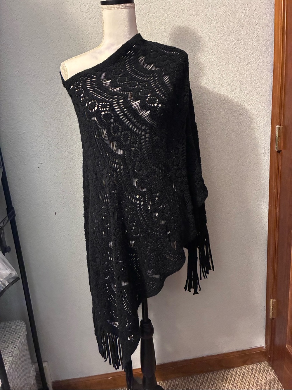 Three Bird Nest Black Crochet Off-Shoulder Fringe Sweater